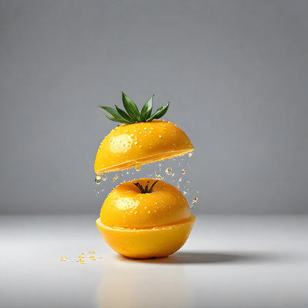 Falling orange fruit with green leaves isolated on gray background. 3d illustrationの素材