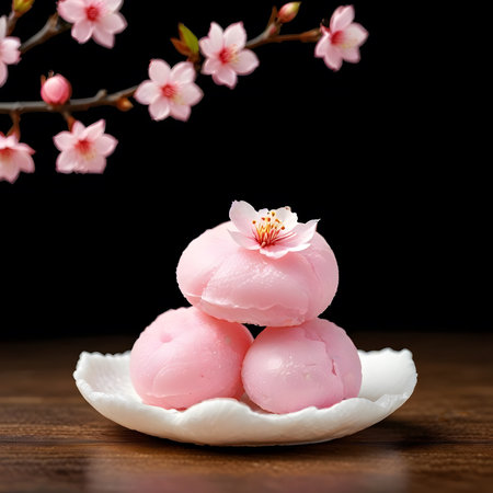 Cherry blossom and mochi on wooden table with black backgroundの素材