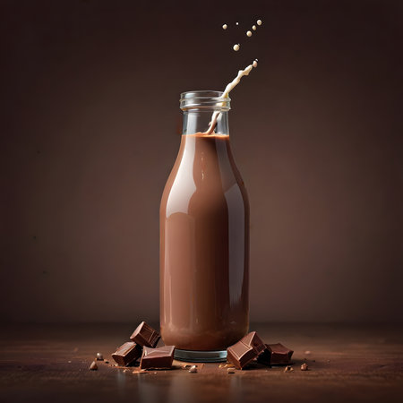 Milk splashing out of glass bottle with chocolate on brown backgroundの素材