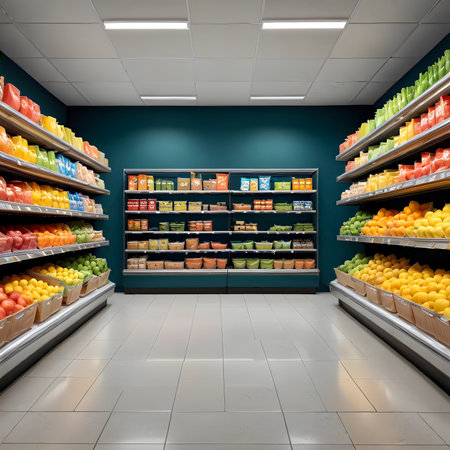 Supermarket shelves with fruit and vegetable products. 3D rendering.の素材