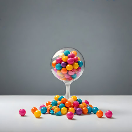 Colorful gum balls in a glass vase on a gray backgroundの素材