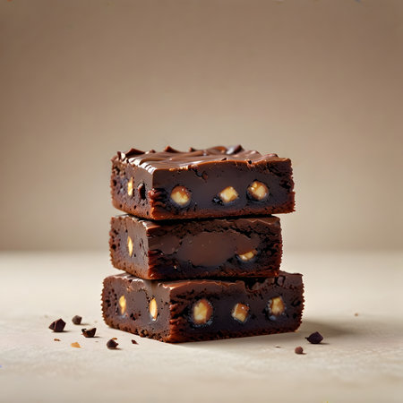 Chocolate brownies with nuts on a light background, selective focusの素材