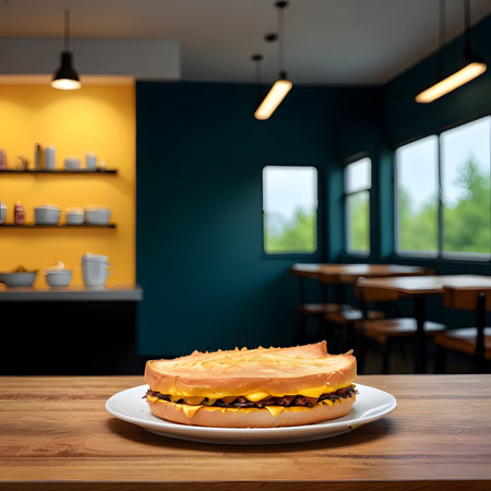 Hamburger with cheese on a white plate on a wooden table in a cafeの素材