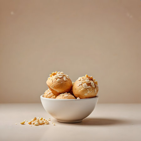 Peanut butter cookies in a white bowl on a beige backgroundの素材
