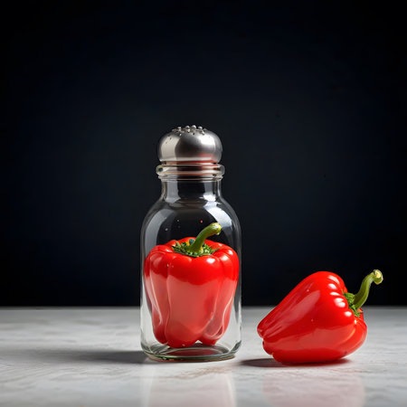 Red bell pepper in glass jar on wooden table and black background.の素材