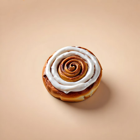Cinnamon bun with white icing on a beige background, top viewの素材