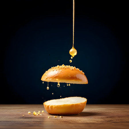 Honey dripping from burger on wooden table and dark background. Concept of fast foodの素材