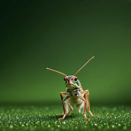 Grasshopper on green grass with dew drops close upの素材
