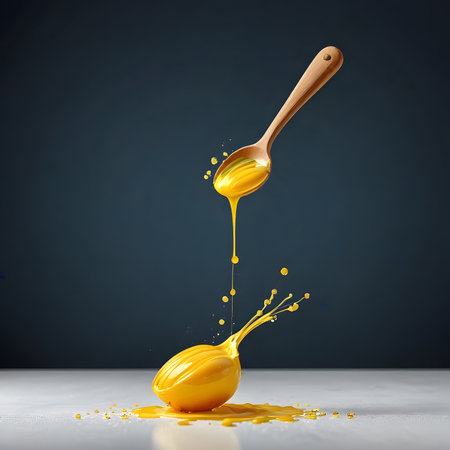 Honey dripping from a wooden spoon into a bowl on a gray backgroundの素材