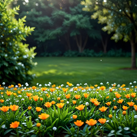 Beautiful tulips in the garden. Spring flowers. Nature backgroundの素材