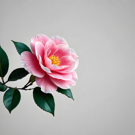 Camellia flower on a gray background with copy space.の素材