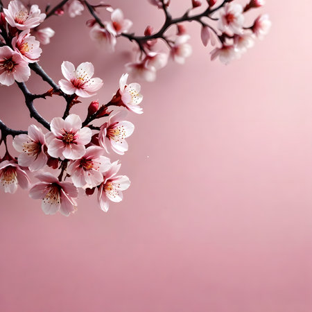 cherry blossom branch on pink background with copy space for textの素材