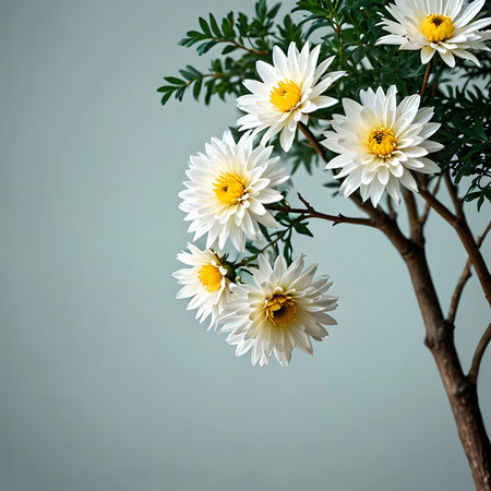 White chrysanthemum flower isolated on a gray background.の素材