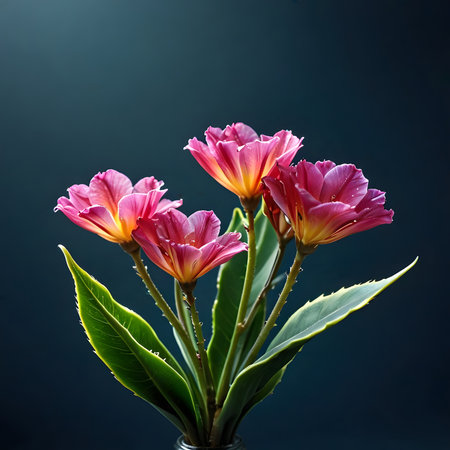 Beautiful pink flowers in vase on dark background, closeupの素材