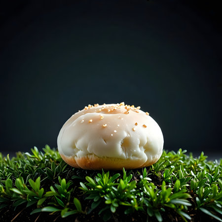 Bagel with sesame seeds on green grass over dark backgroundの素材
