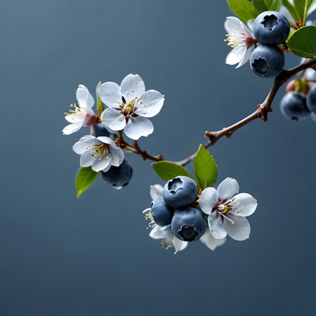 Branch of blossoming tree with blueberries on a blue backgroundの素材