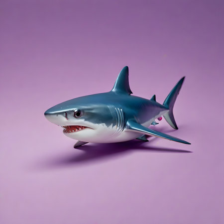 Creative toy shark isolated on purple background. Minimal concept.の素材