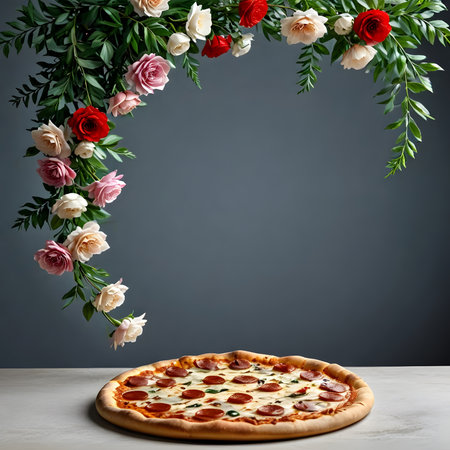 Pizza with roses and green leaves on a gray background. Copy space.の素材