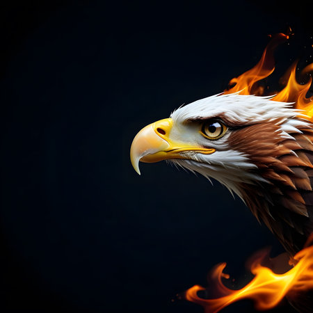 beautiful eagle with fire flames on a black background. Copy spaceの素材