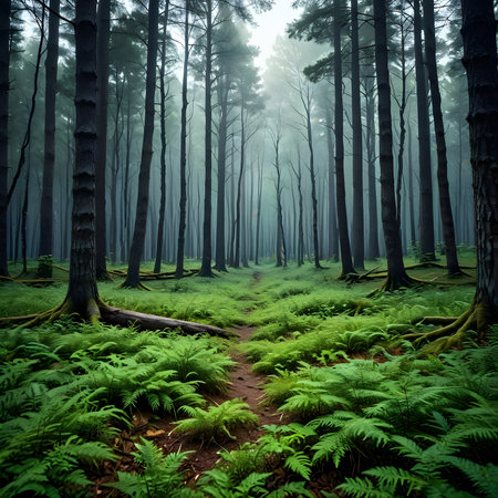 Fantastic dark forest landscape with ferns and path in the fogの素材