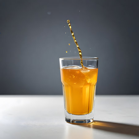 Orange juice splashing into a glass on a white table. Copy space.の素材