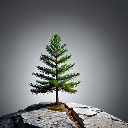 Conceptual image with small green pine tree growing on cracked earthの素材