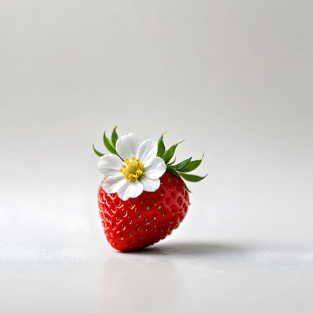 Strawberry with daisy flower on white background. Fresh fruitの素材