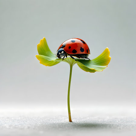 ladybug on a clover leaf with bokeh backgroundの素材