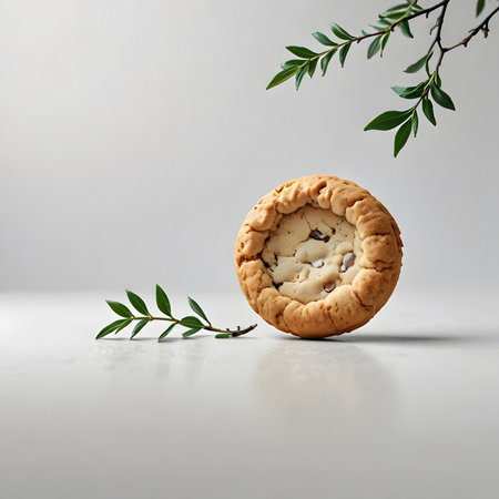 Chocolate chip cookie with green leaves on white background. Copy space.の素材