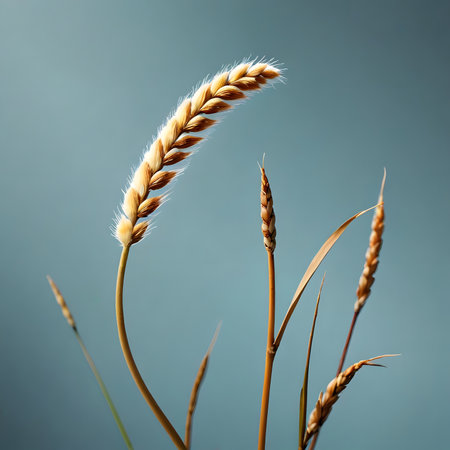 ears of wheat on a blue background, close-up, macroの素材