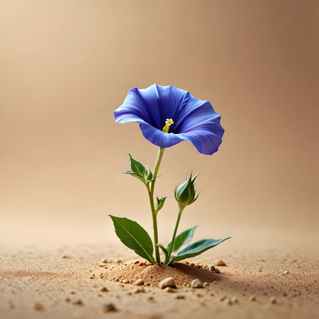 Blue flower on sand background with copy space for your text or imageの素材
