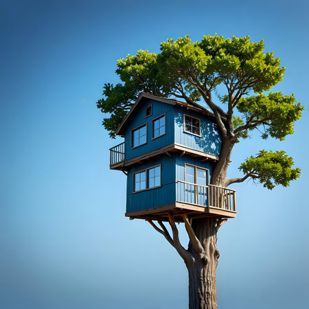 Tree house on blue sky background. 3d rendering. Computer digital drawing.の素材