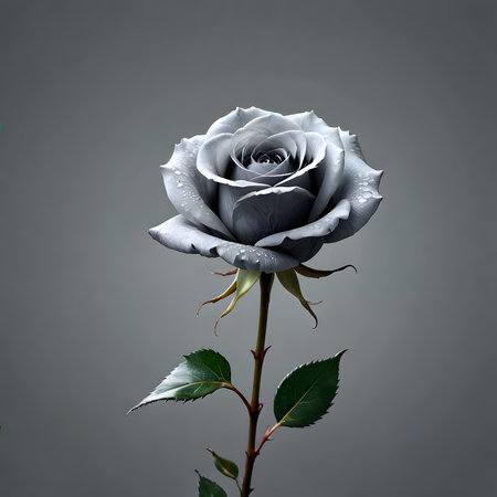 Beautiful black and white rose with water drops on a gray backgroundの素材