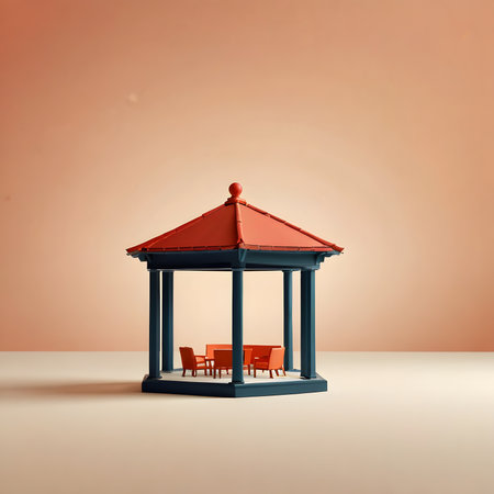 Gazebo and two chairs on a background of orange wallの素材