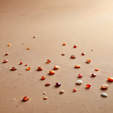The word love is laid out of multi-colored stones on a beige backgroundの素材