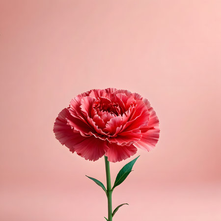 Red carnation flower isolated on pink background with copy space for your textの素材