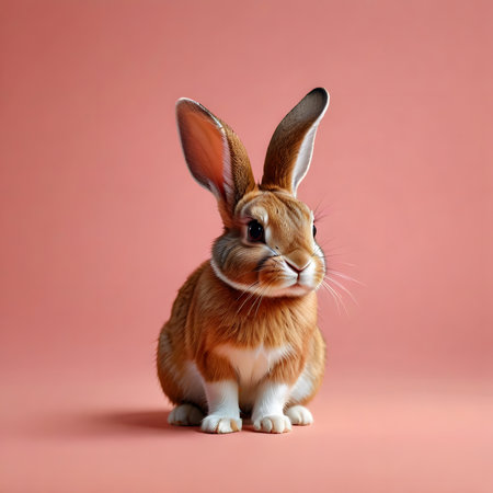 Cute red and white rabbit sitting on pink background. Easter bunny.の素材