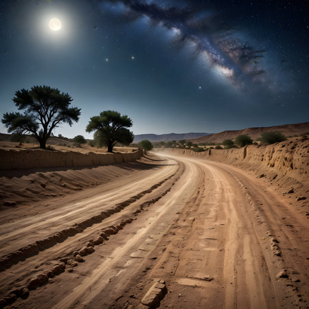 Dirt road in the desert at night with starry sky.の素材