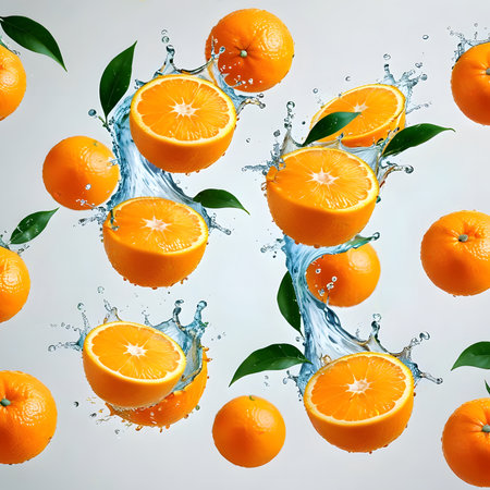 Fresh oranges with water splash isolated on white background. 3d illustrationの素材