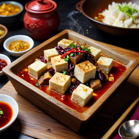 Tofu in sweet and sour sauce on wooden plate, closeupの素材