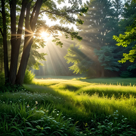 Beautiful summer morning in the forest. Sun rays through the trees.の素材