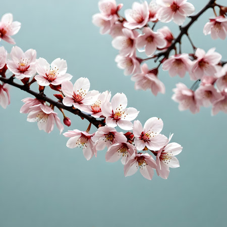 cherry blossom sakura flower on blue background, spring flowersの素材