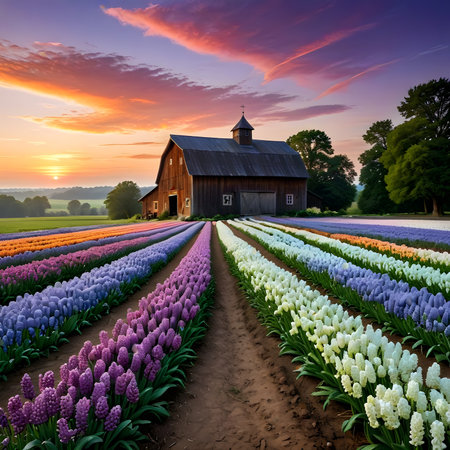 Colorful tulip fields in front of a wooden barn at sunsetの素材