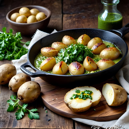 Potatoes with parsley in a frying pan on a wooden tableの素材