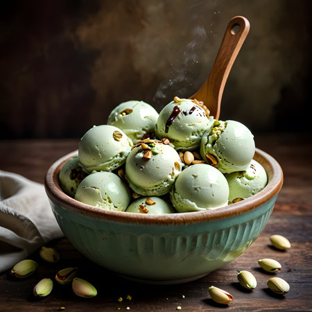 Pistachio ice cream balls with pistachios in bowlの素材