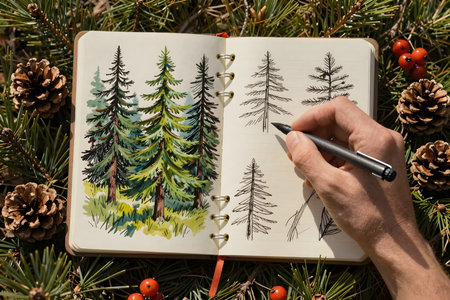 Hand drawing a Christmas tree in a sketchbook on a pine branchの素材