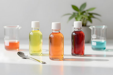 Glass laboratory bottles with color liquid on white table, science and chemistry conceptの素材