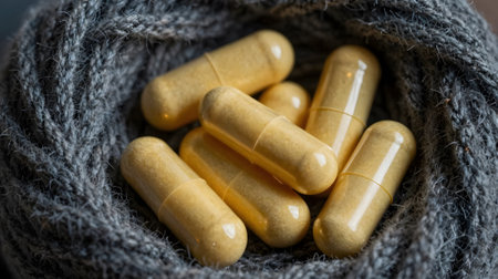 Capsules of yellow color on a gray knitted background.の素材