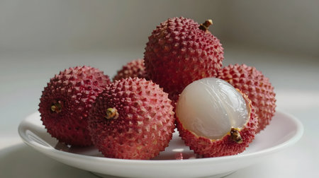 Ripe lychee fruit on a white plate on a white backgroundの素材