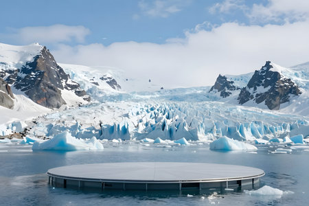 Podium on the background of icebergs in Antarctica. 3d renderingの素材